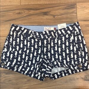 SO Navy and White Seahorse Print High Waist Shorts